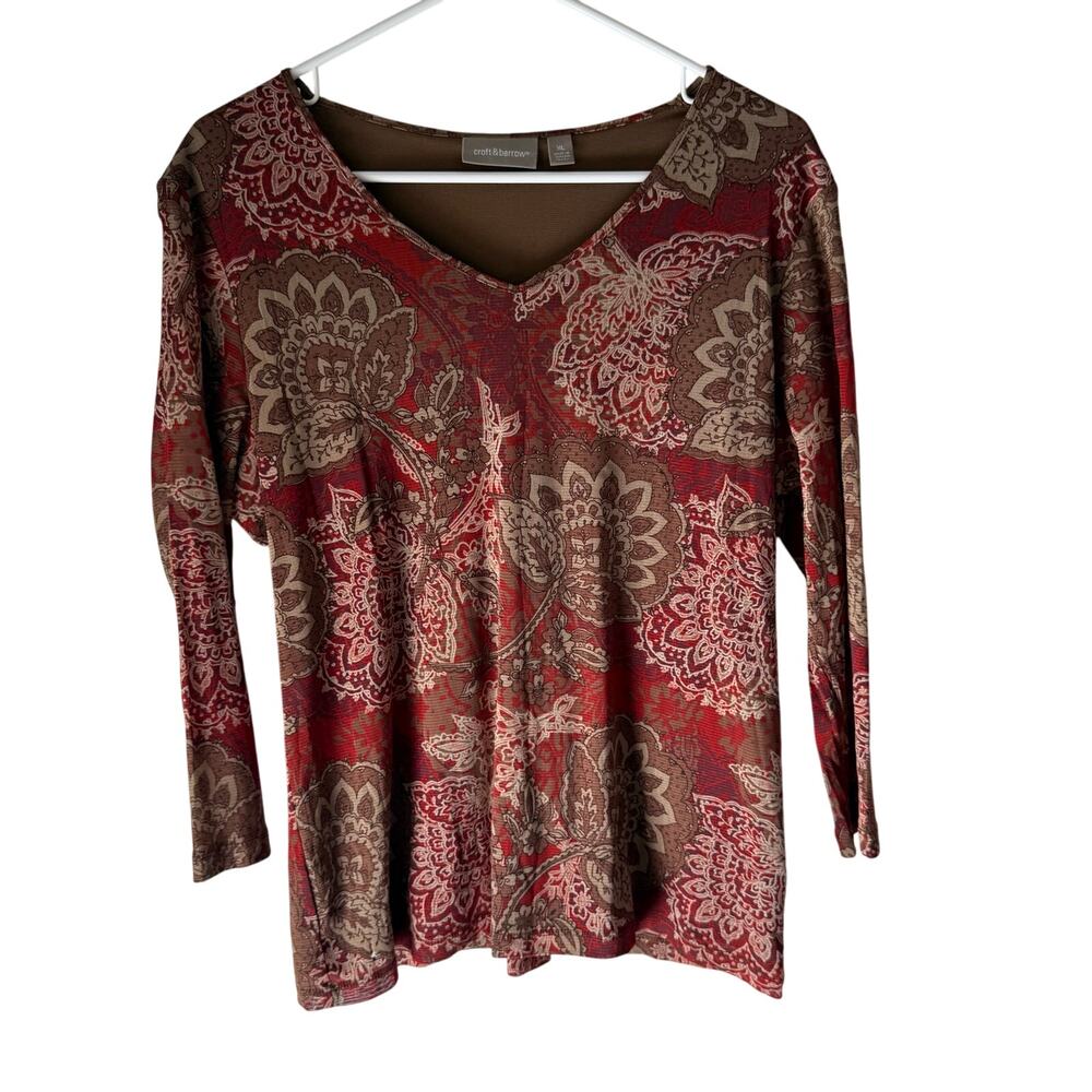 Croft & Barrow Y2k Size XL Brown Red Boho Floral Mesh Long Sleeve Top